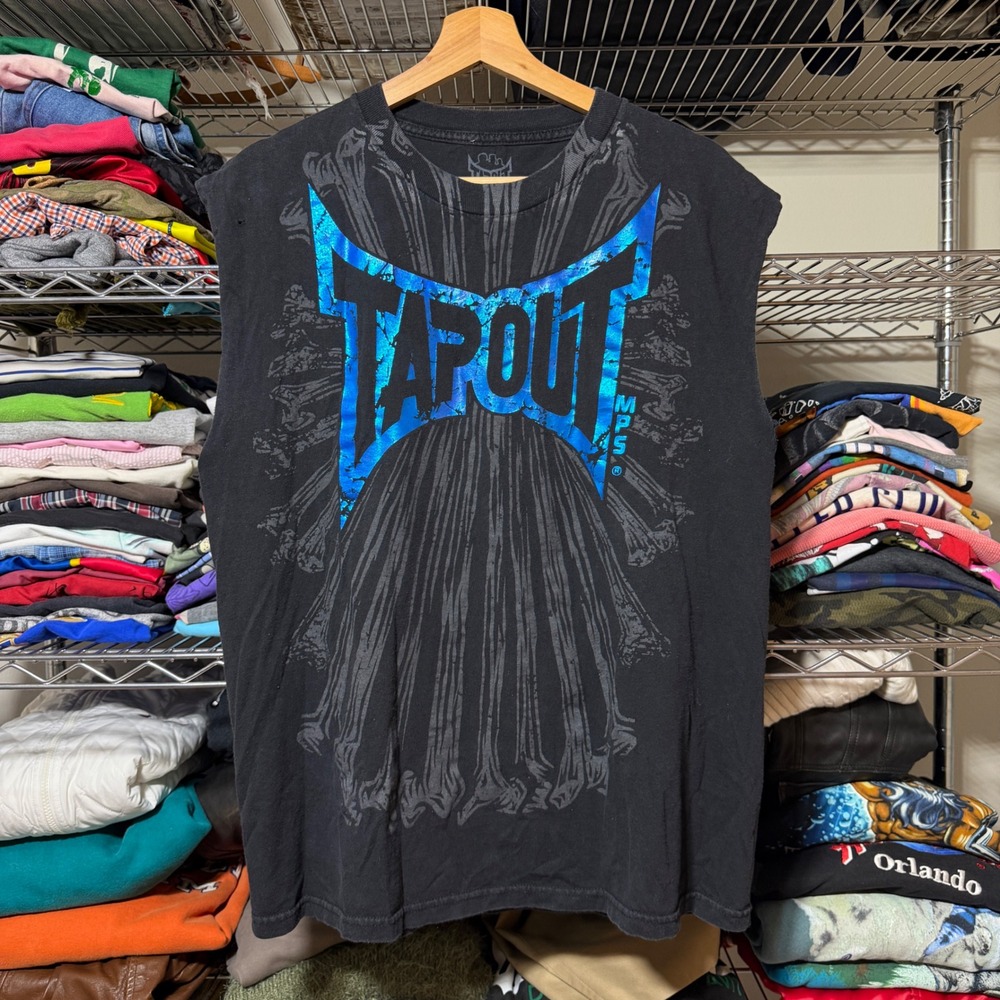 Y2K Tapout Muscle Cut Off T-Shirt Men L Black Blue Graphic MMA Sleeveless Cotton